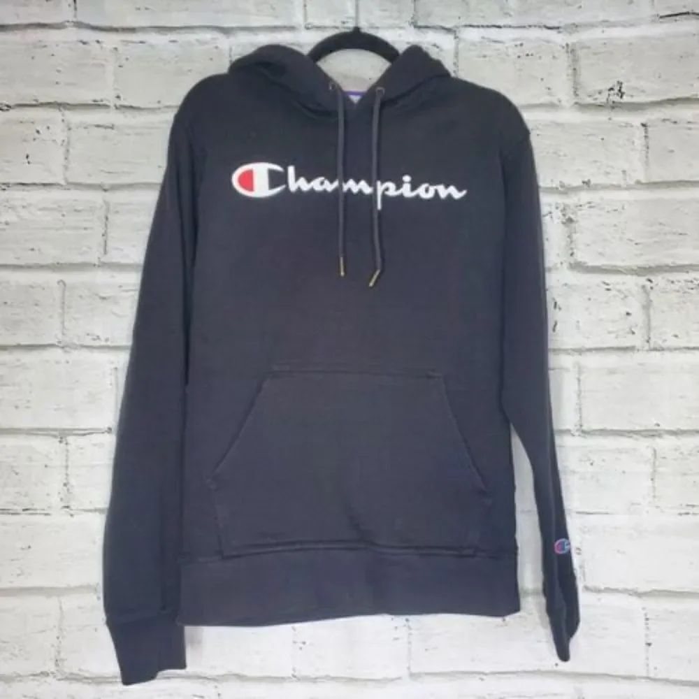 Champion Vintage 90's Black Hoodie Spellout Sweatshirt Mens Medium
